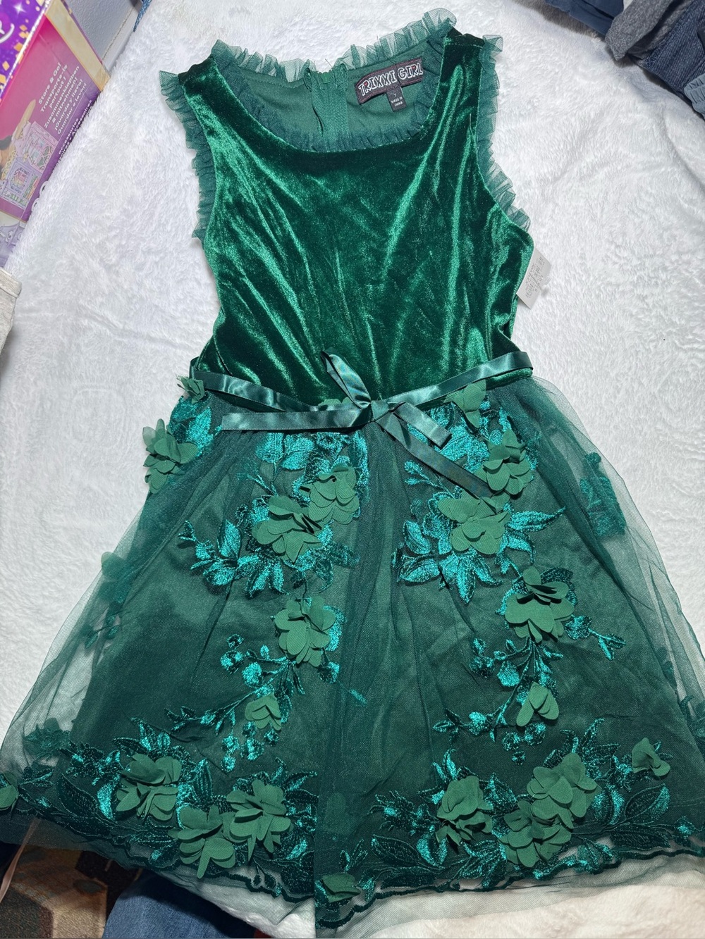 Trixxi girls emerald green velvet & floral tulle dress for girls